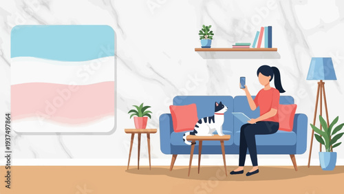 Woman and cat relaxing indoors on a blue sofa with a lamp and plants
