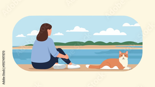 Woman and cat relax by the water with scenic background