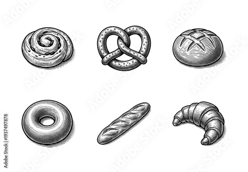 Set of vintage bakery products in woodcut style featuring croissant, baguette, pretzel, bagel, cinnamon roll, and rustic bread loaf.