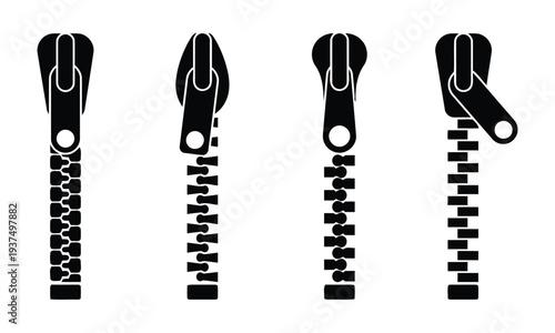 Set of zipper icons showing different closure states and styles, black and white designs