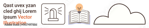Education, creativity, innovation, online learning, knowledge sharing, graphic design. Open book with lightbulb, cloud outline alarm icon. Education and creativity with simple icons