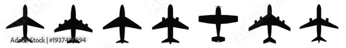 Seven distinct airplane icons top view for aviation and travel