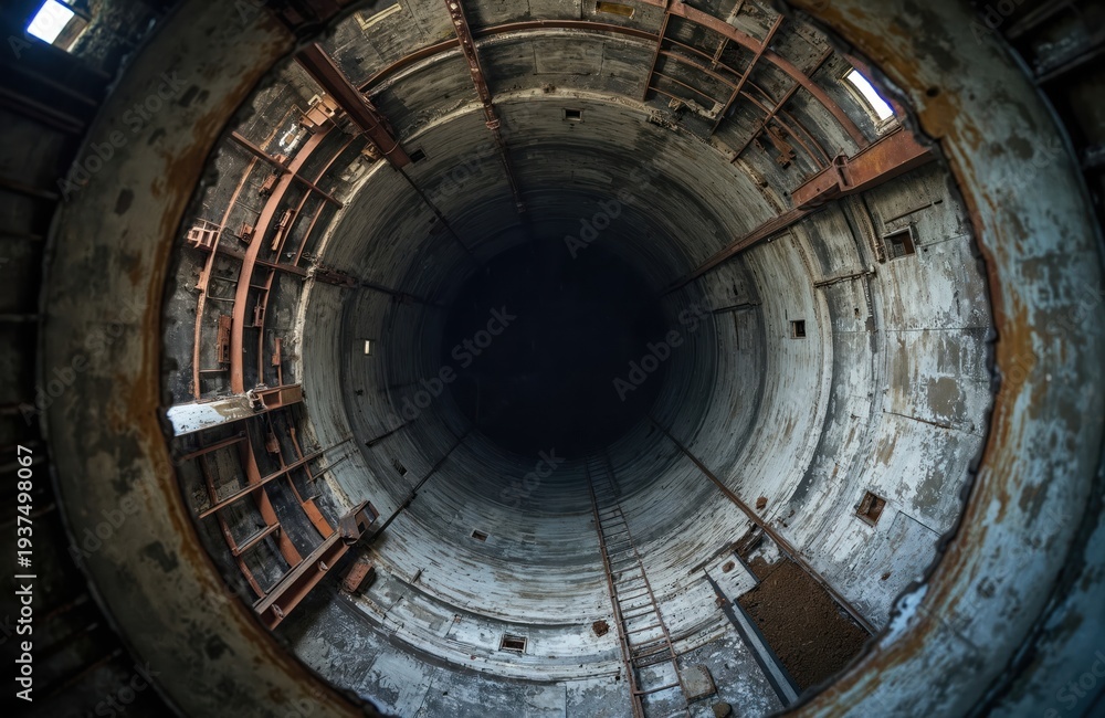 Fototapeta premium Deep circular concrete shaft inside abandoned industrial complex. Metal ladders ascend a dark, vertical tunnel. Ruined structure with weathered walls, rust, and decay.
