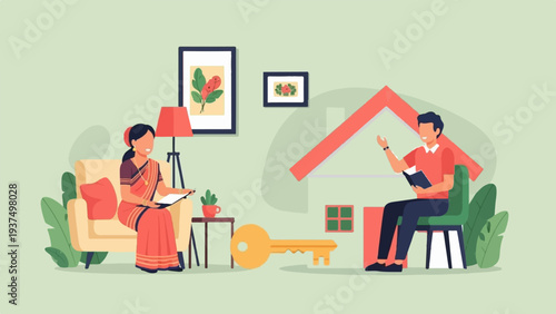 Woman and man in a house discussing property, a large key is present