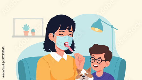 Woman in mask eats lollipop with child and dog nearby