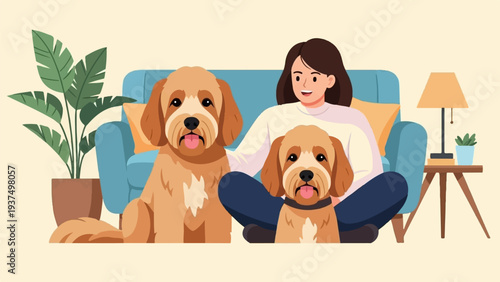 Woman and two dogs relaxing on a sofa indoors with houseplants