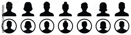 Silhouette avatars of men and women in circular frames and profile views