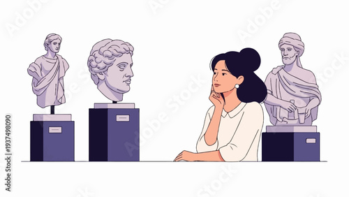Woman contemplates classical sculptures in a museum setting