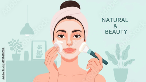Woman applying skincare with makeup brush and cotton pad