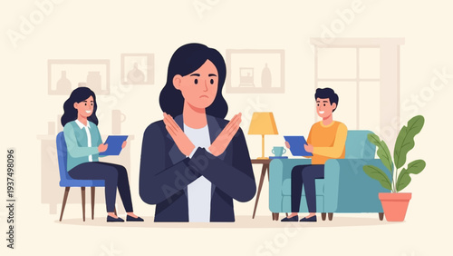 Woman crosses arms expressing disapproval, two people on tablets