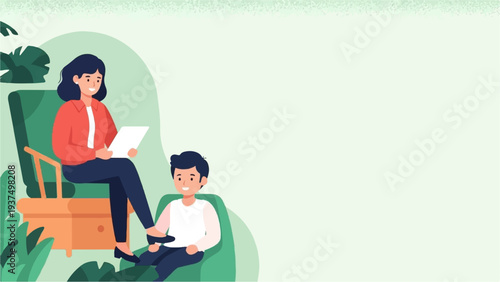 Woman in armchair reads paper while boy sits nearby in green chair