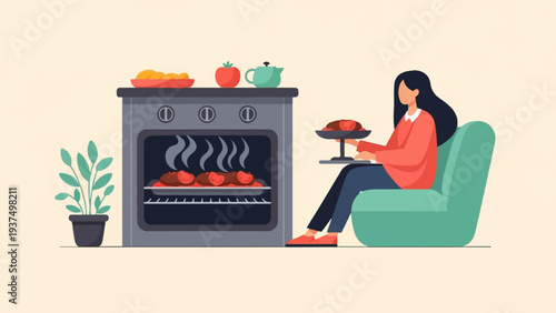 Woman in armchair receives food from oven