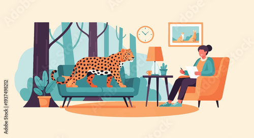 Woman in armchair with notes; leopard on sofa in abstract forest scene