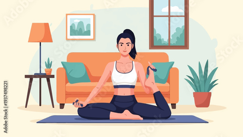Woman in athletic wear meditating on a yoga mat in a living room