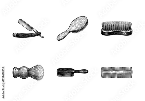 Vintage barber shop grooming kit illustrations featuring straight razor shaving brush combs and wooden hairbrushes in a classic woodcut engraving style