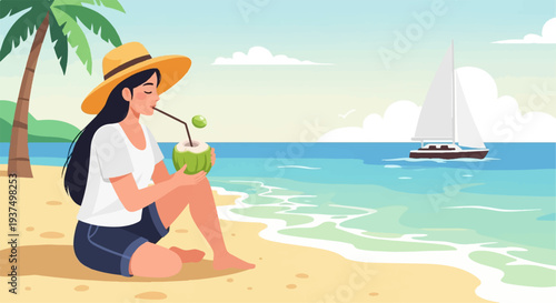 Woman in hat drinks coconut on beach with sailboat offshore
