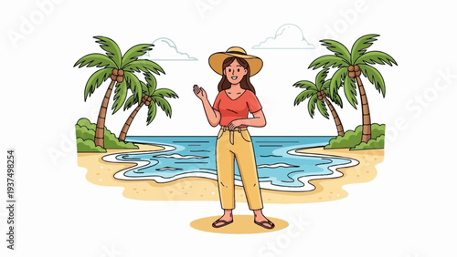 Woman in hat on sandy beach with palm trees and ocean
