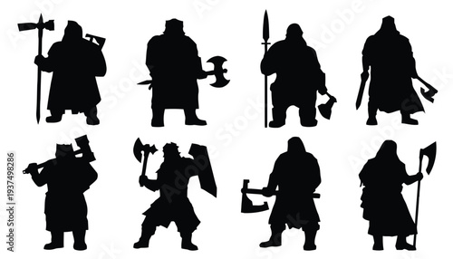 Silhouettes of ancient warriors with axes and shields