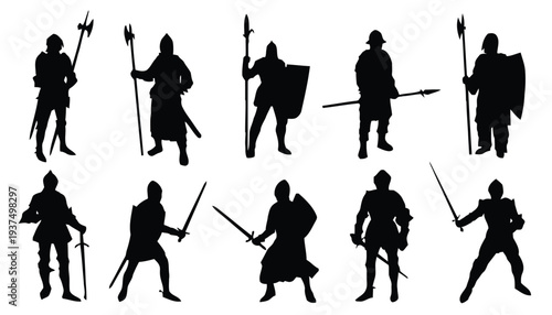 Silhouettes of armored warriors with weapons and shields