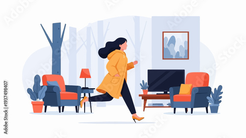 Woman in yellow coat running inside a cozy living room with plants