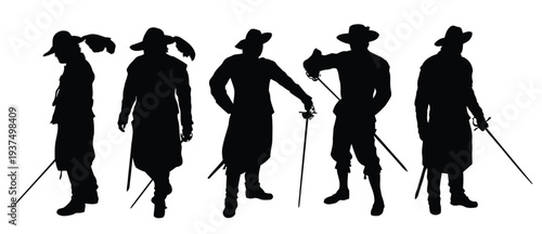 Silhouettes of five musketeers standing in different poses with swords