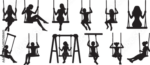 Silhouettes of girls swinging on swings, enjoying outdoor play.