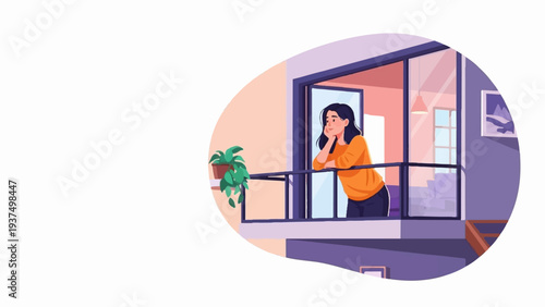Woman looking out apartment window, day dreaming or observing the outside world