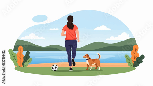 Woman jogs with dog near lake, soccer ball on grass, hills, clouds, sky