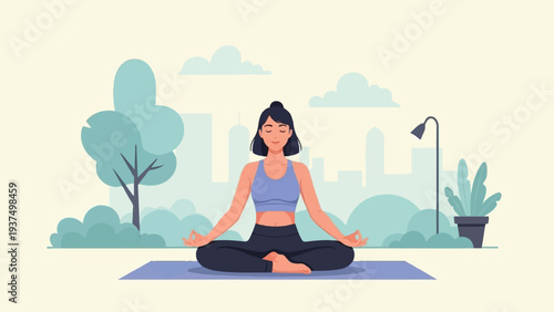 Woman meditating in lotus pose outdoors amidst urban park scenery
