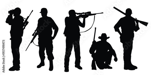 Silhouettes of hunters with rifles in various poses, ready for outdoor activity