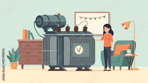 Woman next to large electrical transformer inside a room