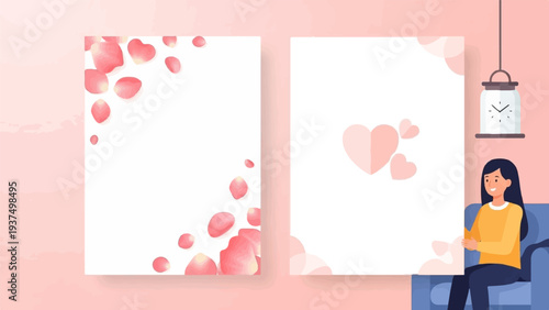 Woman on couch near blank invitations with flower petals and hearts