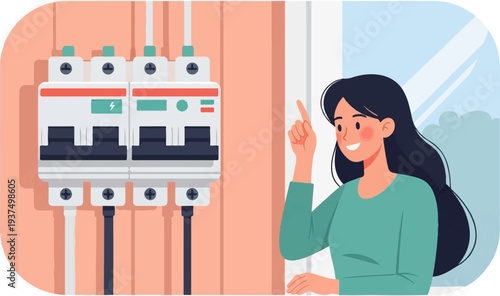 Woman points at electrical circuit breakers in a modern home