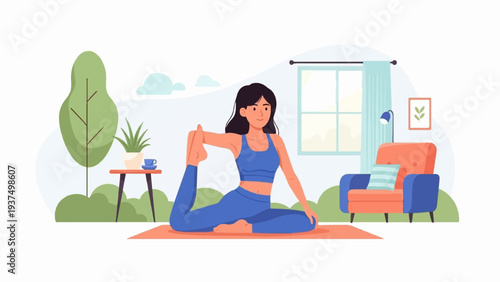 Woman practices yoga in a sunlit room with a garden view