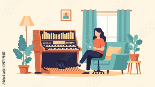 Woman playing an organ in a cozy room