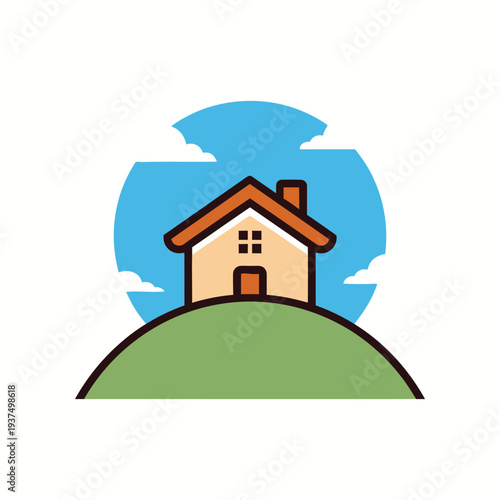 Charming cartoon house on green hill under blue sky with clouds, simple idyllic landscape, represents home sweet home, peaceful living, nature environment