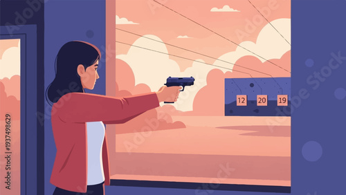 Woman practicing shooting a handgun at an outdoor range