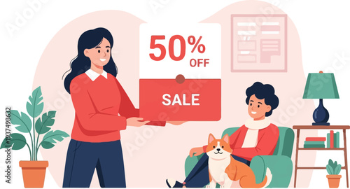 Woman presents a 50% off sale to a relaxed person and dog indoors