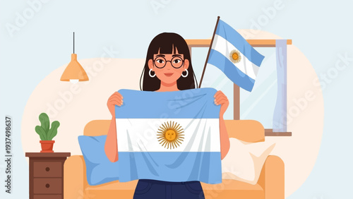 Woman proudly displays Argentine flag inside a cozy room setting