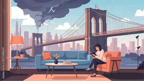 Woman reading a book in a cozy living room with a view of a bridge and cityscape
