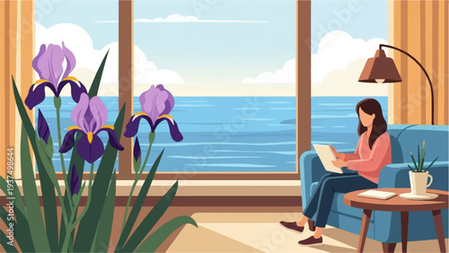 Woman reading a book on a sofa by a window with flowers and ocean view