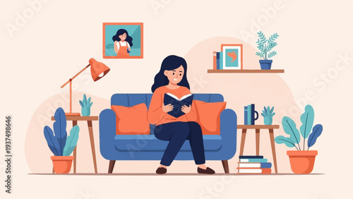 Woman reading a book on a couch in a cozy living room