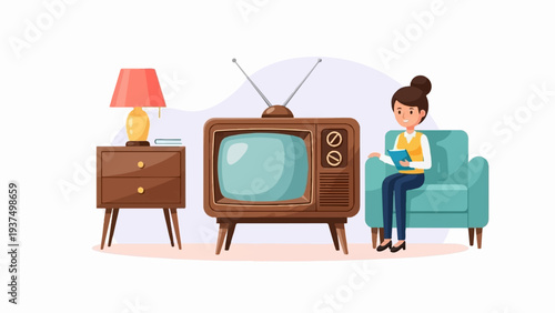 Woman reading book on sofa next to old television and nightstand