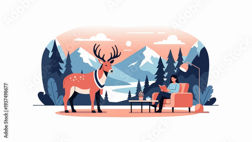 Woman reading by lamp near deer with mountainous forest backdrop