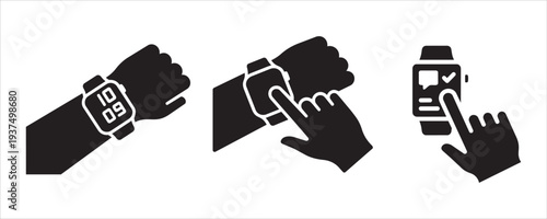 Smartwatch vector icon set featuring hand wearing device, finger tapping screen, and notification display