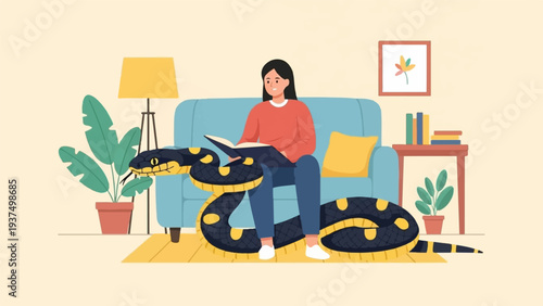 Woman reading on sofa with large snake coiled around her