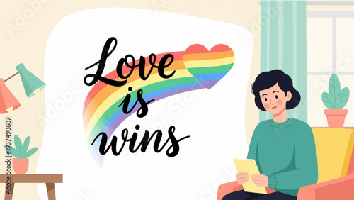 Woman reading on sofa with rainbow heart and positive message