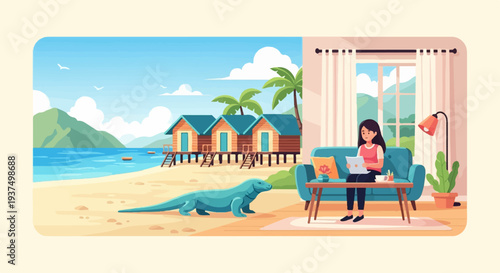 Woman reading on couch with tropical beach and lizard outside