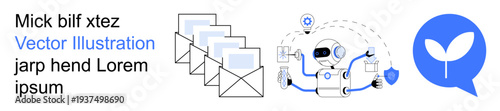 Email automation, sustainable technology, AI systems, ecological communication, robotic systems, tech innovation. robot handling emails and eco speech icon. Email automation and ecological