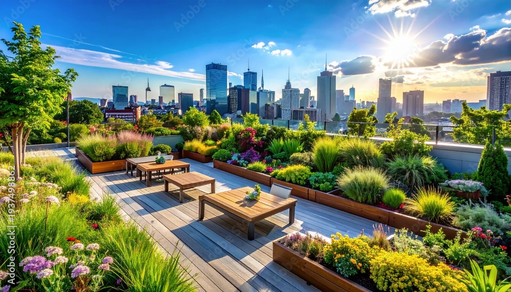Fototapeta premium Rooftop Garden Oasis with City Skyline View at Sunset.